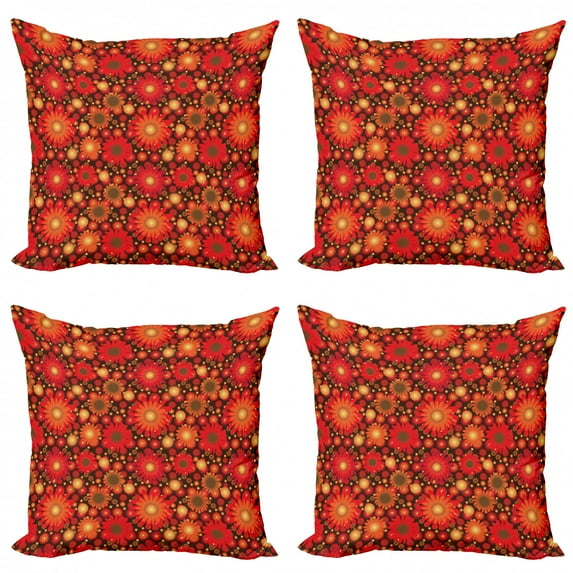 Ambesonne Floral Throw Pillow Cover 4 Pack, Vivid Botanical Gerbera Art, 18", Dark Green Vermilion