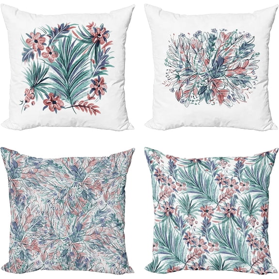 Floral Throw Pillow Cushion Case Pack of 4, Watercolor Effect Pastel Flowers Modern and Romantic Botanical Motifs, Modern Accent Double-Sided Digital Printing, 18", Teal Dark Salmon and Blue
