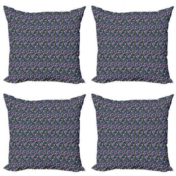 Floral Throw Pillow Cushion Case Pack of 4, Wavy Thin Leaf Pinky Tulips Violet Pansy Flowers on Violet Polka Dotted Background, Modern Accent Double-Sided Print, 4 Sizes, Multicolor, by Ambesonne