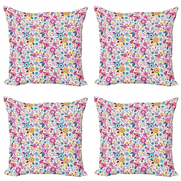 Floral Throw Pillow Cushion Case Pack of 4, Wild Meadow Flowers in Blossom and Leaves with Colorful Ornamental Art, Modern Accent Double-Sided Print, 4 Sizes, Multicolor, by Ambesonne
