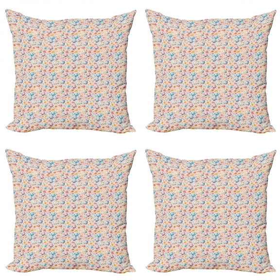 Ambesonne Floral Throw Pillow Cover 4 Pack, Zigzag Lines Flowers Art, 16", Multicolor