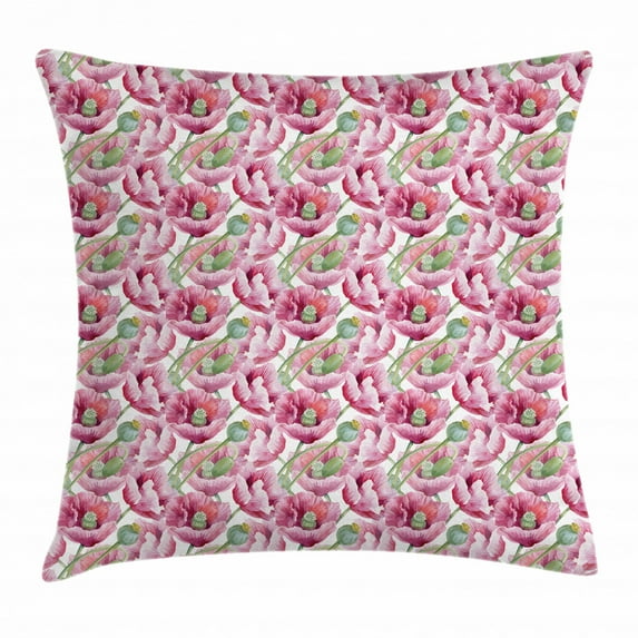 Floral Throw Pillow Cushion Cover, Blooming Summer Garden Flowers Buds and Pistils Watercolor Illustration, Decorative Square Accent Pillow Case, 16 X 16 Inches, Magenta and Fern Green, by Ambesonne