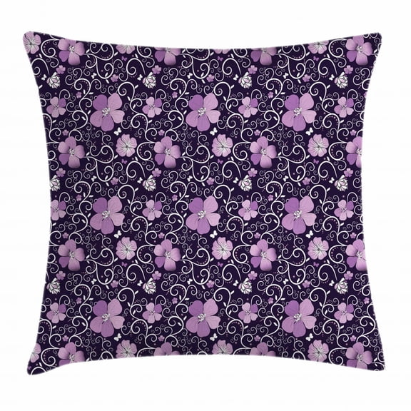 Floral Throw Pillow Cushion Cover, Butterfly Silhouettes with Plant Flower Patterned Design Swirls Curves, Decorative Square Accent Pillow Case, 20 X 20 Inches, Lilac Dark Purple White, by Ambesonne