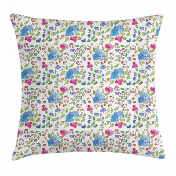 Floral Throw Pillow Cushion Cover, Composition of Hand Drawn Flowers Simplistic Garden Art Design Cottage Spring Nature, Decorative Square Accent Pillow Case, 20" X 20", Multicolor, by Ambesonne
