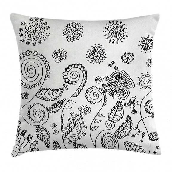 Floral Throw Pillow Cushion Cover, Doodle Style Circular Swirled Flower Petals Butterfly Leaves Curved Branches Design, Decorative Square Accent Pillow Case, 24 X 24 Inches, Black White, by Ambesonne
