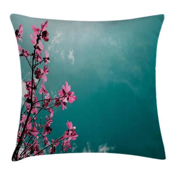 Floral Throw Pillow Cushion Cover, Fig Tree Florets with Sunny Sky Exotic Summer Spring Plants Scenic Nature View, Decorative Square Accent Pillow Case, 20 X 20 Inches, Teal Hot Pink, by Ambesonne