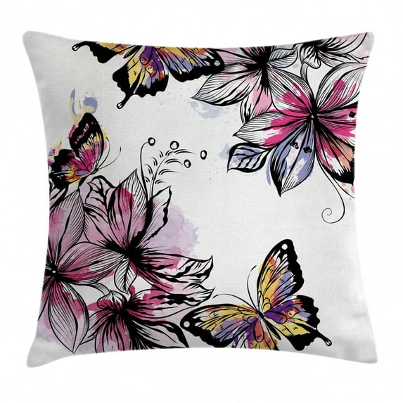 Floral Throw Pillow Cushion Cover, Flower Blooms Botany Bouquets with Colorful Butterflies Paintbrush Watercolor Print, Decorative Square Accent Pillow Case, 24 X 24 Inches, Multicolor, by Ambesonne