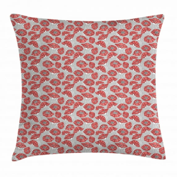 Floral Throw Pillow Cushion Cover, Graphic of Bent Poppy Petals on Monochrome Polka Dot Style Background, Decorative Square Accent Pillow Case, 18 X 18 Inches, Dark Coral Grey White, by Ambesonne