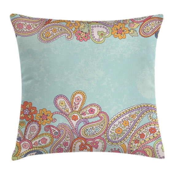 Floral Throw Pillow Cushion Cover, Hand Drawn Ornamental Horizontal Pattern Traditional Paisley on Vintage Background, Decorative Square Accent Pillow Case, 18 X 18 Inches, Multicolor, by Ambesonne