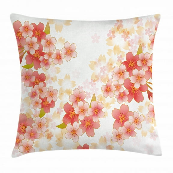 Floral Throw Pillow Cushion Cover, Japanese Sakura Flowers Cherry Blossoms in Vibrant Colors Illustration, Decorative Square Accent Pillow Case, 20 X 20 Inches, Coral Dark Coral Yellow, by Ambesonne