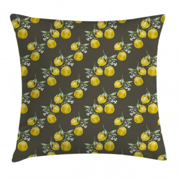 Floral Throw Pillow Cushion Cover, Lemon Branches with Petals Growth Essence Nature Themed Artsy Print, Decorative Square Accent Pillow Case, 20 X 20 Inches, Army and Olive Green Yellow, by Ambesonne