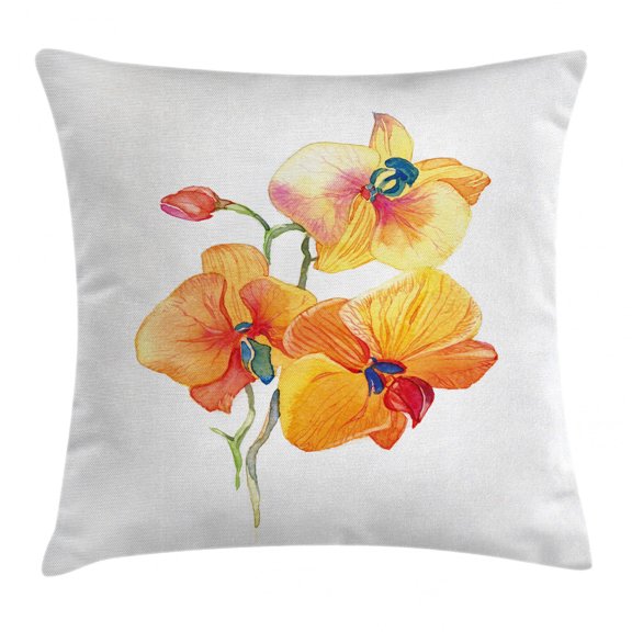 Floral Throw Pillow Cushion Cover, Orchid Petals Wild Flower Exotic Fragrance Pure Florets Elegance Watercolor, Decorative Square Accent Pillow Case, 24 X 24 Inches, Red Yellow Marigold, by Ambesonne