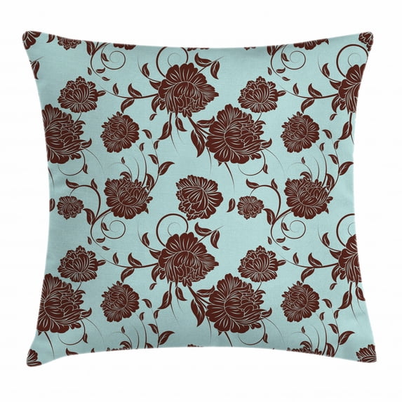 Floral Throw Pillow Cushion Cover, Ornamental Flowers Design with Curvy Swirled Branches and Leaves Vintage Art, Decorative Square Accent Pillow Case, 24 X 24 Inches, Baby Blue Brown, by Ambesonne