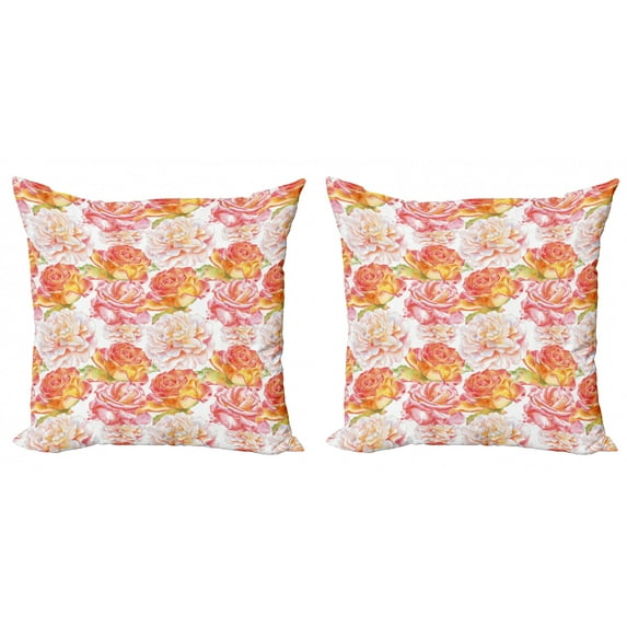 Ambesonne Floral Throw Pillow Cover 2 Pack, Watercolor Art Roses, 18", Coral Orange White