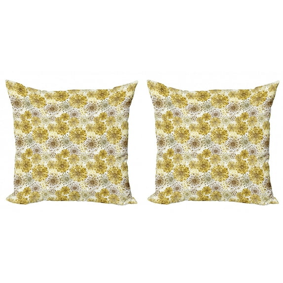 Ambesonne Floral Throw Pillow Cover 2 Pack, Blossoms Petals and Dots, 16", Khaki Brown White