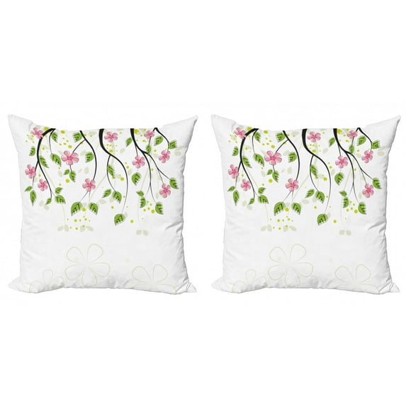 Ambesonne Floral Throw Pillow Cover 2 Pack, Branch with Flowers, 24", Pink Green