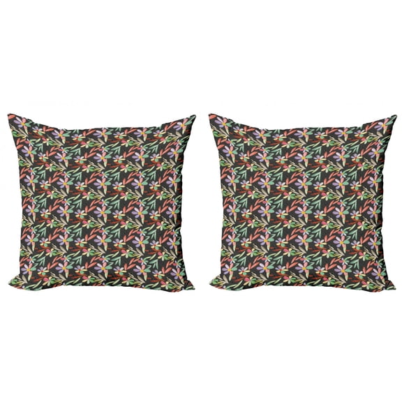 Floral Throw Pillow Cushion Cover Pack of 2, Colorful Spring Blooms with Vibrant Petals on a Dark Toned Backdrop Abstract Nature, Zippered Double-Side Digital Print, 4 Sizes, Multicolor, by Ambesonne