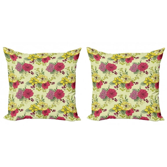 Ambesonne Floral Throw Pillow Cover 2 Pack, Naive Nature Flowers Art, 24", Pastel Green Multicolor