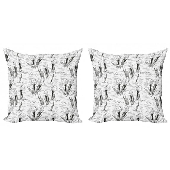 Floral Throw Pillow Cushion Cover Pack of 2, Continuous Retro Sketchy Design Spring Crocus Flowers in Monochrome Style, Zippered Double-Side Digital Print, 4 Sizes, Charcoal Grey White, by Ambesonne