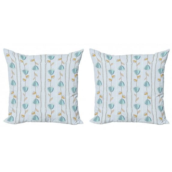 Floral Throw Pillow Cushion Cover Pack of 2, Corsage of Flowers with Sketch Style Arrangement Vertical Lines Dots, Zippered Double-Side Digital Print, 4 Sizes, Pale Blue Yellow Blue, by Ambesonne