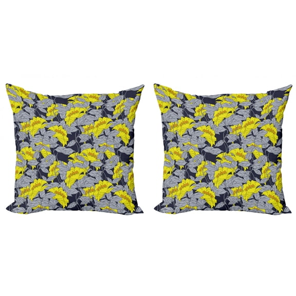 Ambesonne Floral Throw Pillow Cover 2 Pack, Contrast Tones Florets, 18", Yellow and Grey