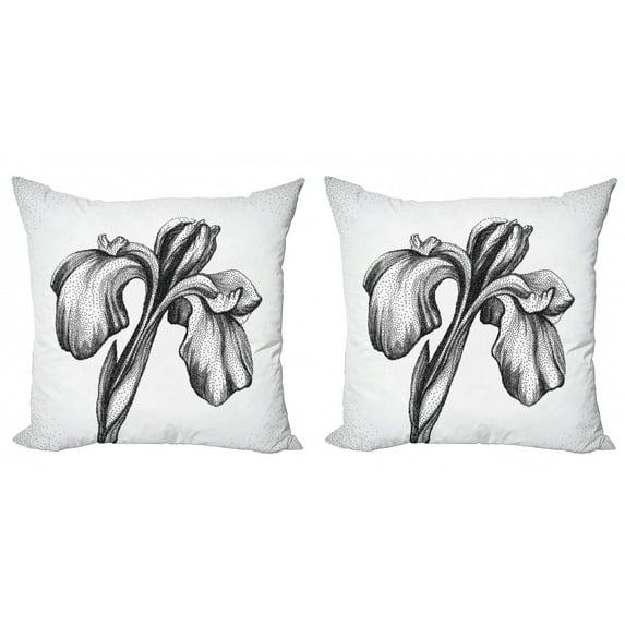 Floral Throw Pillow Cushion Cover Pack of 2, Dotwork Style Hand Drawn Lily Blooms Dramatic Vintage Botany Garden Pattern, Zippered Double-Side Digital Print, 4 Sizes, Black and White, by Ambesonne