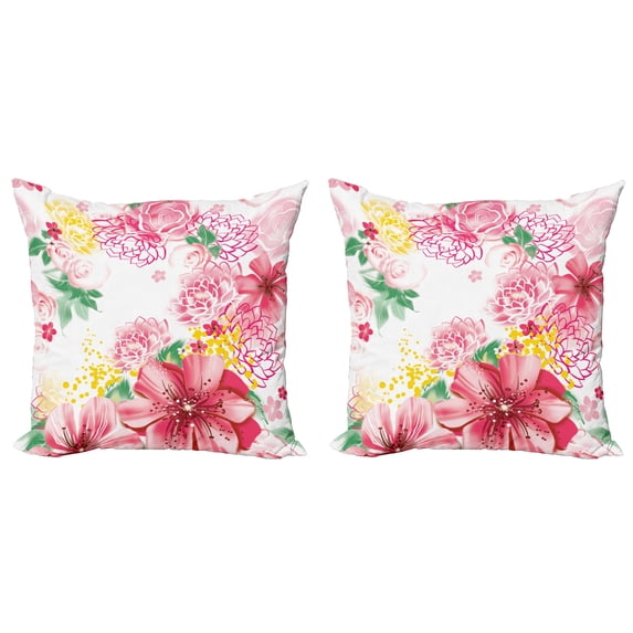 Ambesonne Floral Throw Pillow Cover 2 Pack, Flowers and Dots, 20", Pastel Pink Mustard