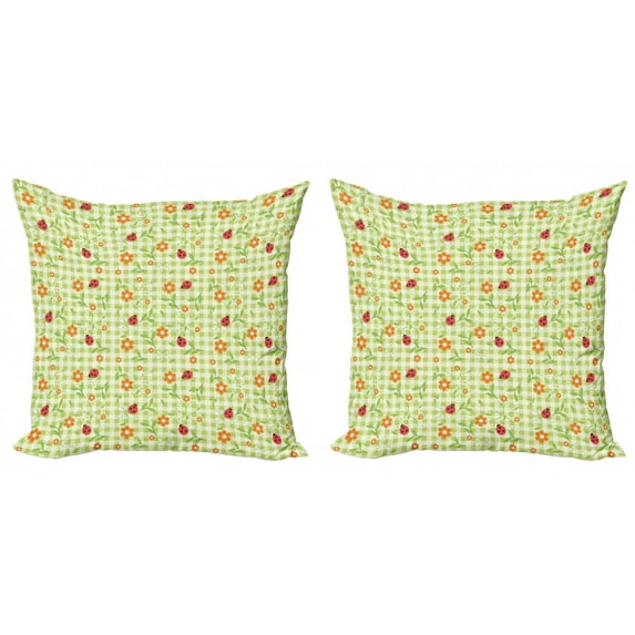 Ambesonne Summer Throw Pillow Cover 2 Pack, Ladybugs Flowers Leaves, 20", Lime Green Orange Red