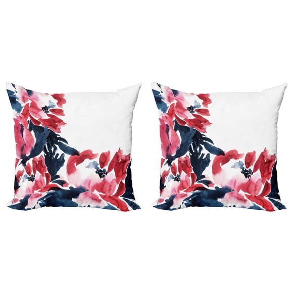 Ambesonne Floral Throw Pillow Cover 2 Pack, Peonies Spring Inspired, 24", Dark Blue Red