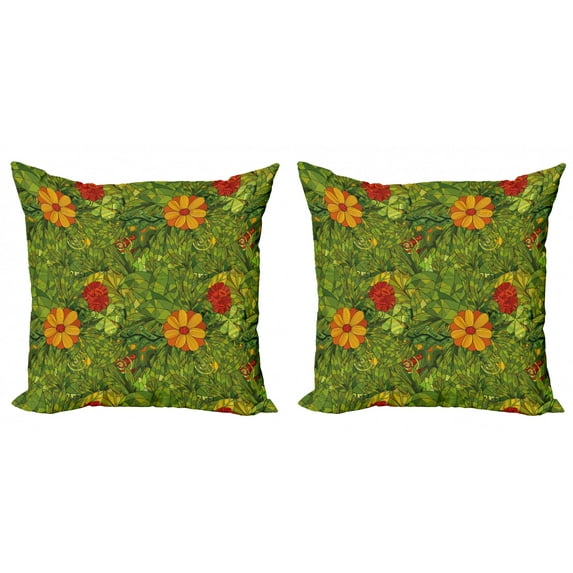 Ambesonne Floral Throw Pillow Cover 2 Pack, Fractal Retro Jungle Art, 20", Olive Green Vermilion