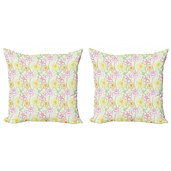 Ambesonne Floral Throw Pillow Cover 2 Pack, Colorful Flowers Sketchy, 18", Multicolor