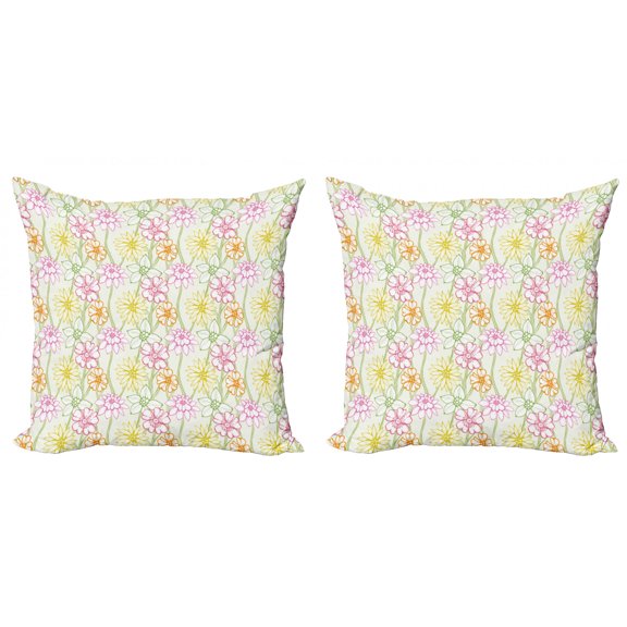 Ambesonne Floral Throw Pillow Cover 2 Pack, Colorful Flowers Sketchy, 16", Multicolor