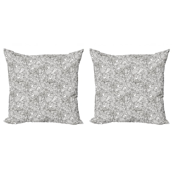 Floral Throw Pillow Cushion Cover Pack of 2, Hand Drawn Detailed Composition of Flowers Blooming on a Plain Background, Zippered Double-Side Digital Print, 4 Sizes, Charcoal Grey White, by Ambesonne
