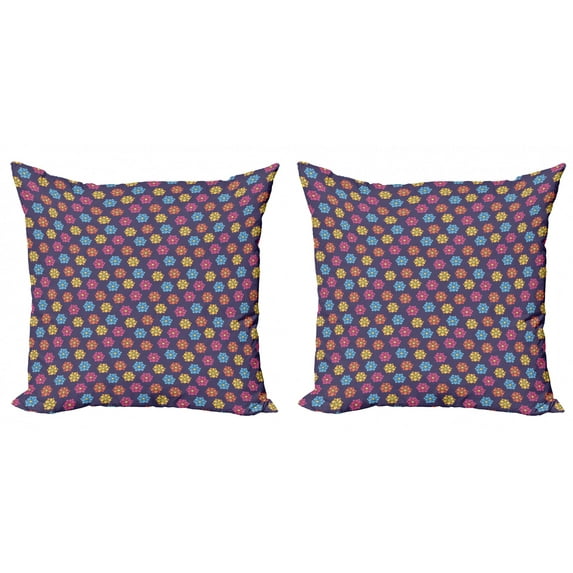 Floral Throw Pillow Cushion Cover Pack of 2, Illustration of Symmetrical Colorful Cartoon Flowers Arrangement Pattern, Zippered Double-Side Digital Print, 4 Sizes, Dark Indigo Multicolor, by Ambesonne