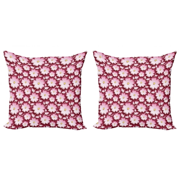 Ambesonne Floral Throw Pillow Cover 2 Pack, Petal of Japanese Cherry, 18", Pale Pink Maroon Yellow