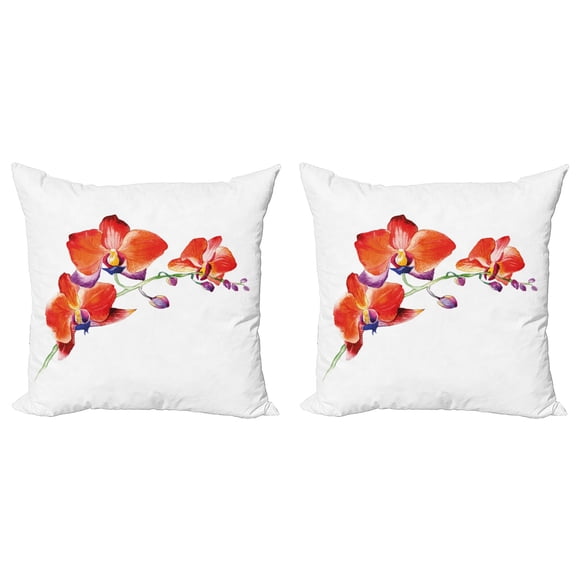 Ambesonne Flower Throw Pillow Cover 2 Pack, Orchid Branch Blooms, 24", Orange Violet White