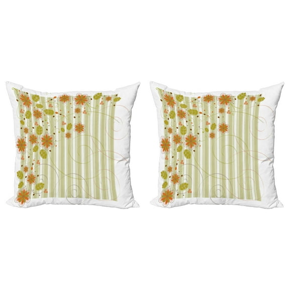 Ambesonne Floral Throw Pillow Cover 2 Pack, Retro Swirled Flowers, 20", Green Orange White