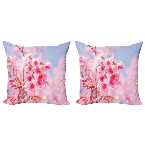 Ambesonne Floral Throw Pillow Cover 2 Pack, Sakura Blossom Branches, 18", Pale Pink Purplegrey