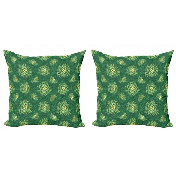 Floral Throw Pillow Cushion Cover Pack of 2, Sketchy Doodle Outline Ornamental Pattern in Green and Yellow Shades, Zippered Double-Side Digital Print, 4 Sizes, Pale Yellow Sea Green, by Ambesonne