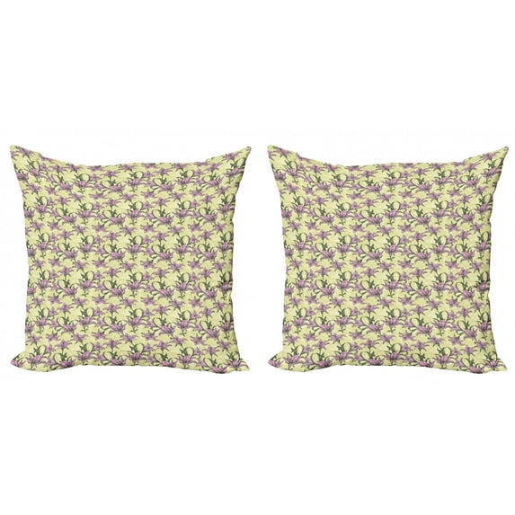 Floral Throw Pillow Cushion Cover Pack of 2, Sketchy Illustration of Blooming Lilies Pattern with Grunge Effect, Zippered Double-Side Digital Print, 4 Sizes, Pale Green Dark Green, by Ambesonne