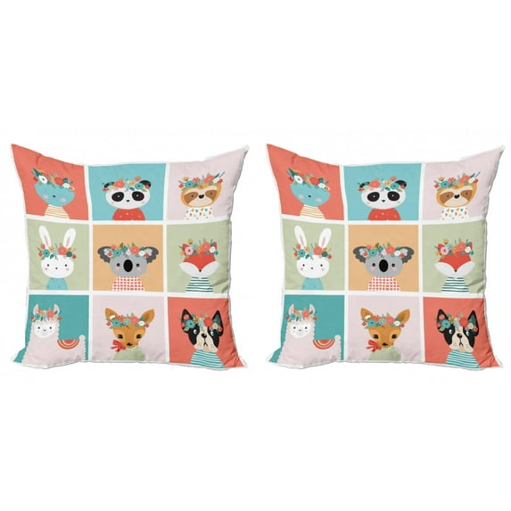 Floral Throw Pillow Cushion Cover Pack of 2, Various Animals with Clothes in Squares with Flowers on Head Spring Time Influences, Zippered Double-Side Digital Print, 4 Sizes, Multicolor, by Ambesonne