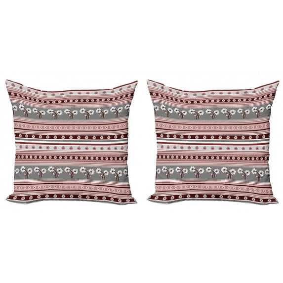 Ambesonne Floral Throw Pillow Cover 2 Pack, Spring Flowers Stripes, 16", Grey Pink Burgundy