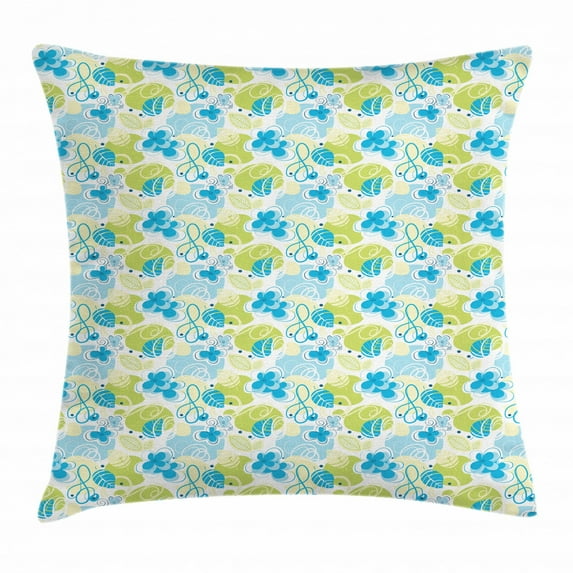 Floral Throw Pillow Cushion Cover, Pastel Colored Cheerful Pattern Inspired by Spring Nature Whimsical Doodle, Decorative Square Accent Pillow Case, 16 X 16 Inches, Blue Green White, by Ambesonne