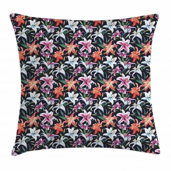 Floral Throw Pillow Cushion Cover, Pattern with Watercolored Tropical Lilies in Full Blossom Hawaiian Aloha Fashion, Decorative Square Accent Pillow Case, 16 X 16 Inches, Multicolor, by Ambesonne