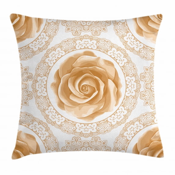 Floral Throw Pillow Cushion Cover, Rose Florets with Classic Golden Lace Authentic Feminine Retro Oriental Motif, Decorative Square Accent Pillow Case, 16 X 16 Inches, Sand Brown White, by Ambesonne