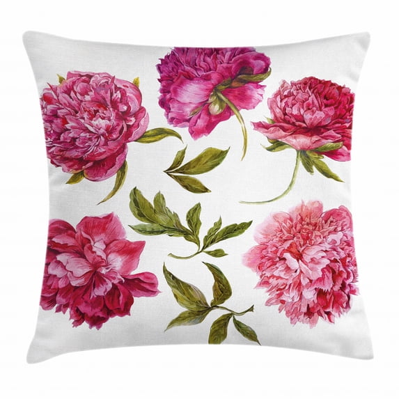 Floral Throw Pillow Cushion Cover, Spring Buds in Vivid Tones Watercolor Peony Bouquet Artwork, Decorative Square Accent Pillow Case, 24 X 24 Inches, Fuchsia Magenta Pink Olive Green, by Ambesonne