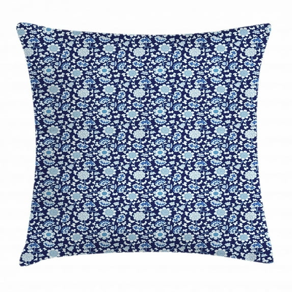 Floral Throw Pillow Cushion Cover, Traditional Chinese Porcelain Motif Inspired Flower Design, Decorative Square Accent Pillow Case, 16 X 16 Inches, Night Blue Cobalt Blue and White, by Ambesonne