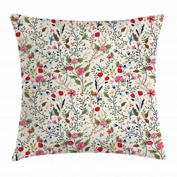 Floral Throw Pillow Cushion Cover, Vibrant Colored Complex Image Birds with Roses Leaves and Polka Dots Nature Scenery, Decorative Square Accent Pillow Case, 24 X 24 Inches, Multicolor, by Ambesonne