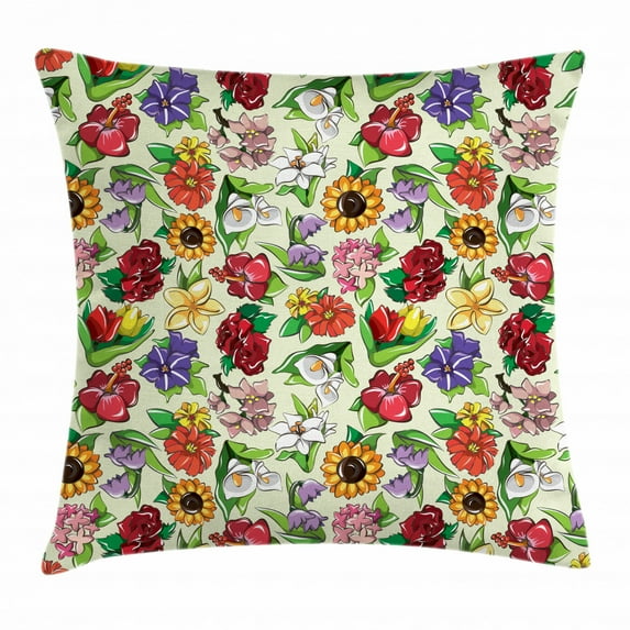 Floral Throw Pillow Cushion Cover, Vibrant Colored Print of Rousing Summer Flower Bouquets Pattern on White Backdrop, Decorative Square Accent Pillow Case, 24 X 24 Inches, Multicolor, by Ambesonne