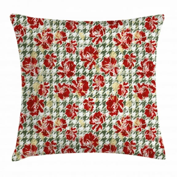 Floral Throw Pillow Cushion Cover, Vintage Classic with Scottish Houndstooth Vivid Rose Florets Feminine Pattern, Decorative Square Accent Pillow Case, 24 X 24 Inches, Hunter Green Ruby, by Ambesonne